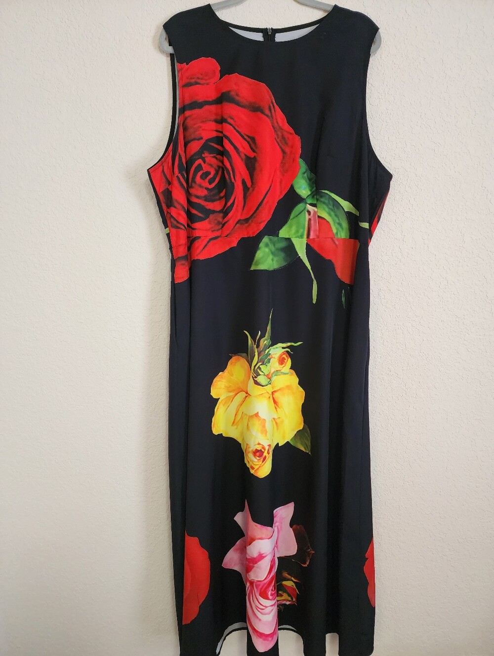 Sleeveless Black Floral Maxi Dress with Red & Yellow Roses